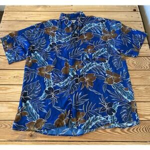 Cezar Floral Button Up 100% Silk Shirt Size Large Men’s Blue Short Sleeve